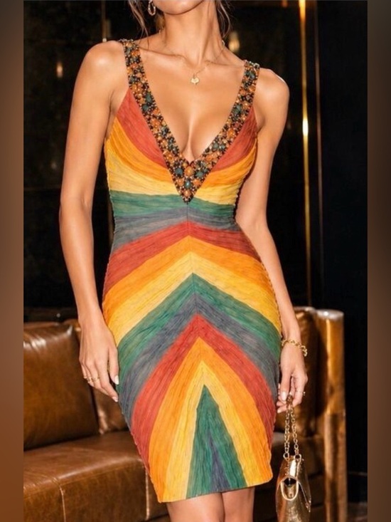 Mandalay Dresses & Skirts - Mandalay 100% Silk Rainbow Stripe Mini Sheath Dress Beaded Strap Sleeveless NWT